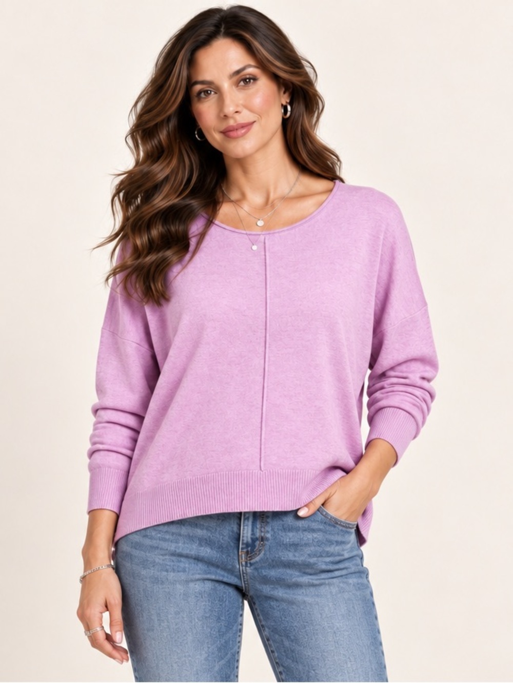 Zenana Heather Mauve Viscose Front-Seam Round-Neck Sweater
